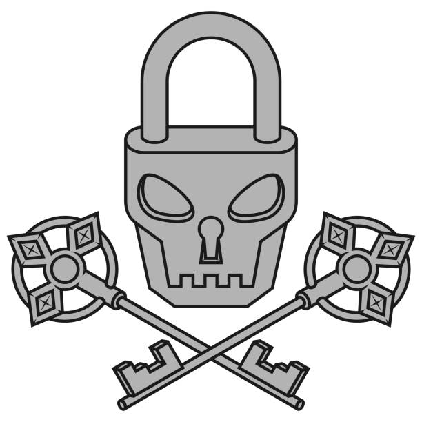 Skull shaped padlock with antique keys Vector design of Skull-shaped padlock with old keys, Padlock with a satanic face skeleton key tattoo stock illustrations