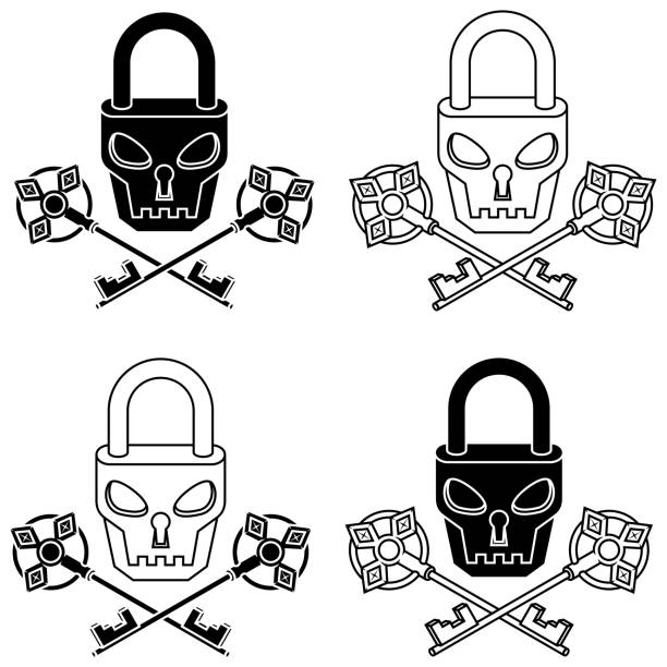 Skull shaped padlock with antique keys Vector design of Skull-shaped padlock with old keys, Padlock with a satanic face skeleton key tattoo stock illustrations