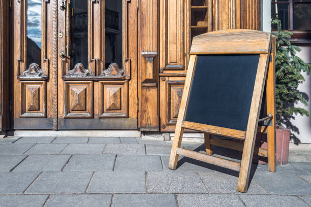istock Mockup Of Blank Restaurant Blackboard Stand 2153766703