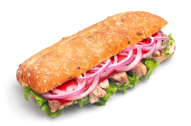 Sandwich bun with meat, tomato, cucumber, lettuce isolated on white background. With clipping path for design menu