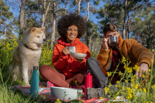 istock Couple Enjoying Picnic with Dog in Forest 2153771747