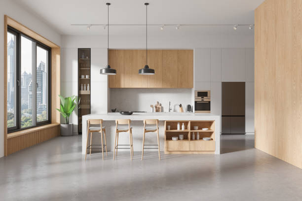 istock Modern home kitchen interior with bar island and cabinet, panoramic window 2153774130