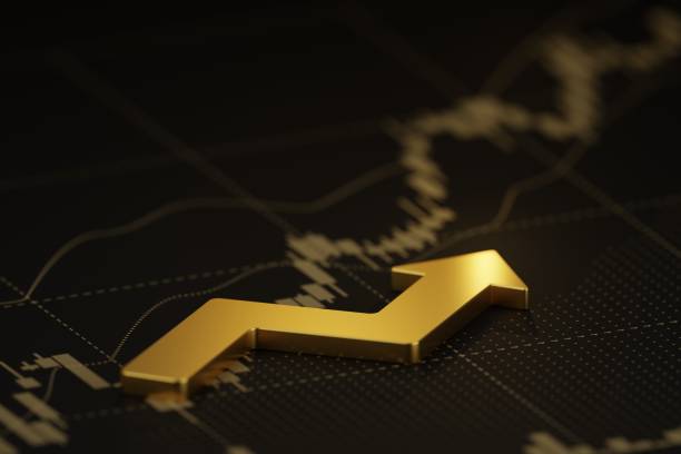 istock 3D rendering golden arrow pointing up and chart  on black background, intricately integrated into the scene, signifies financial abundance and successful investments. 2153775566