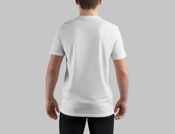 istock Mockup of white t-shirt on guy in dark jeans, back view, blank clothes for design, pattern, branding, advertising. 2153776018