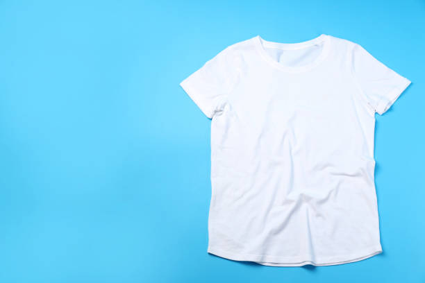 istock Blank white t-shirt with space for print on blue background 2153778932