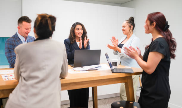 istock Applause, business colleagues celebration in meeting. 2153779115
