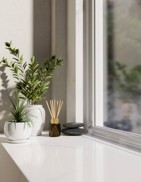 A close-up image of a space for displaying products on a white console table or window sill features potted plants, reed diffuser, and spa stones against the window. 3d render, 3d illustration