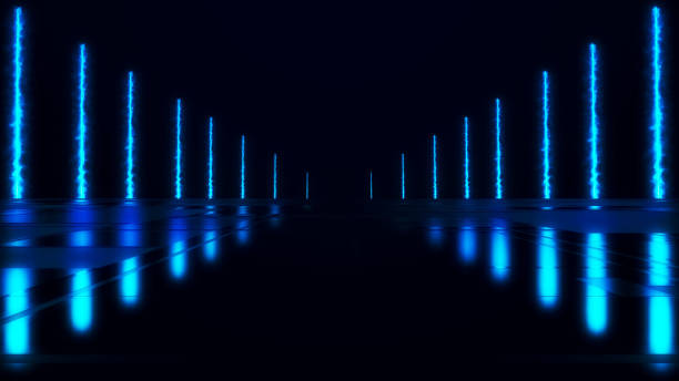 istock Abstract colorful background with bright neon rays and glowing lines. Wet asphalt, night view. Bright reflection on the concrete floor. Night empty stage, studio. Dark abstract background. 3D rendering 2153781254