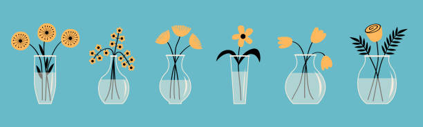 Flower in vase set line. Glass vases with water. Different yellow flowers. Cute colorful icon collection. Daisy, rose, tulip, gerbera. Ceramic Pottery Glass decoration. Blue background. Flat design. Flower in vase set line. Glass vases with water. Different yellow flowers. Cute icon collection. Daisy, rose, tulip, gerbera. Ceramic Pottery Glass decoration. Blue background. Flat design. Vector rose cartoon stock illustrations