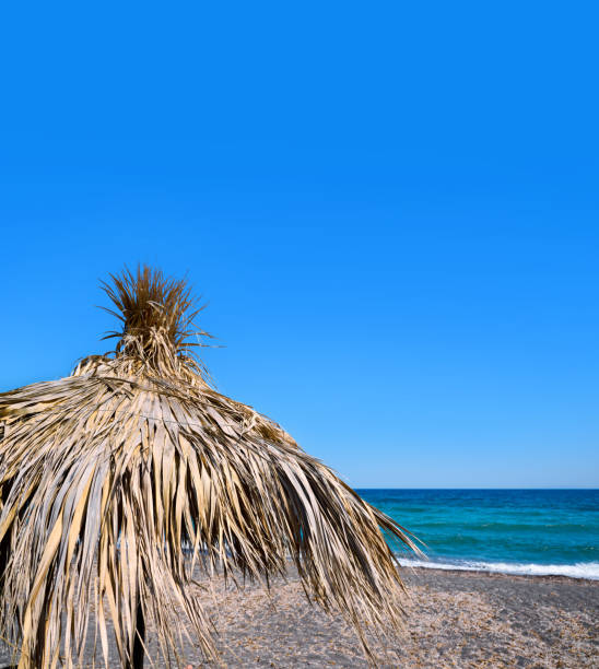 Paralia Karterados, wild volcanic sand beach with thatched umbrellas. Greek islands, Santorini, European vacations.