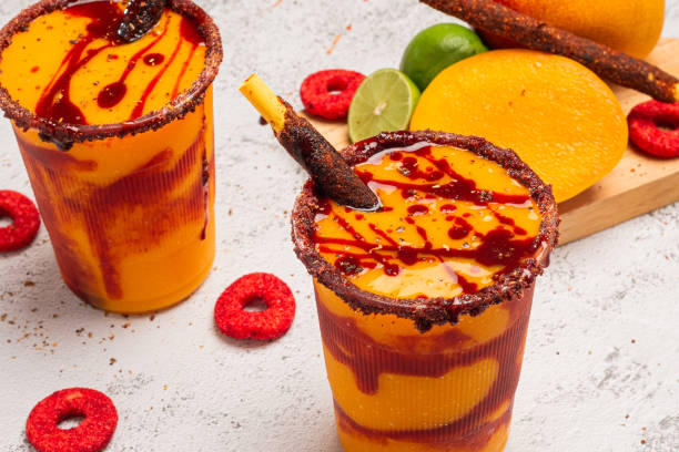 Mangonada, typical mexican mango smoothie with chamoy sauce and lime juice.