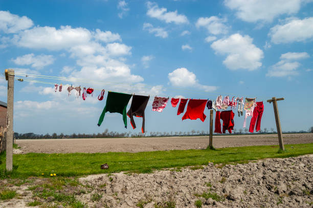 Women hanging beddings for drying at roof terrace at Ghetto district of City of Venice on a sunny summer day. Photo taken August 7th, 2023, Venice, Italy.