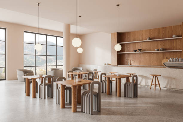 istock Beige cafe interior with dining and meeting zone, panoramic window 2153789531