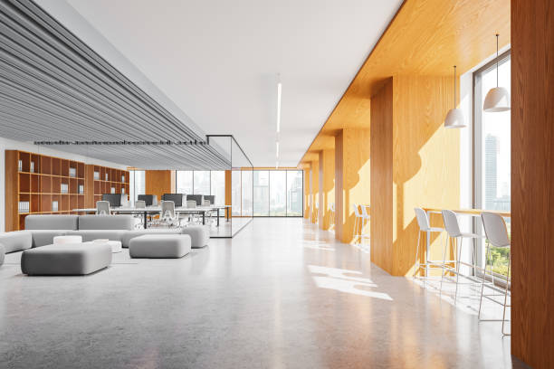 istock Modern coworking interior lounge and coworking zone, panoramic window 2153789872