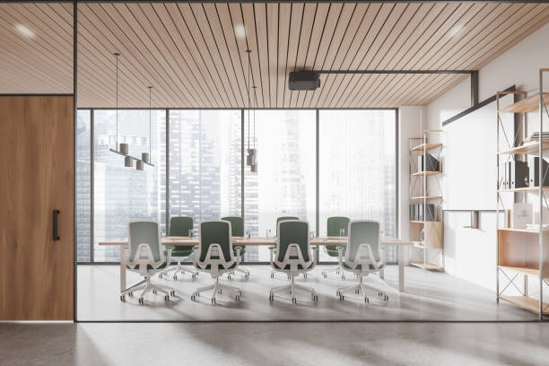 istock Glass conference room interior with projection screen and panoramic window 2153790331