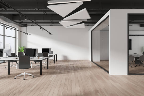 istock Office interior with coworking and glass conference room, panoramic window 2153790339