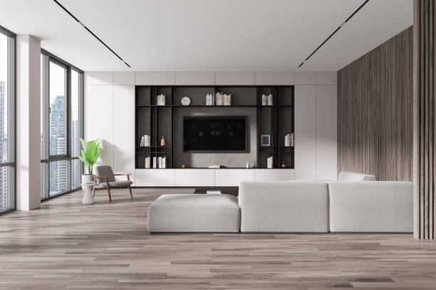 istock Luxury home living room interior with lounge zone with tv, panoramic window 2153790507