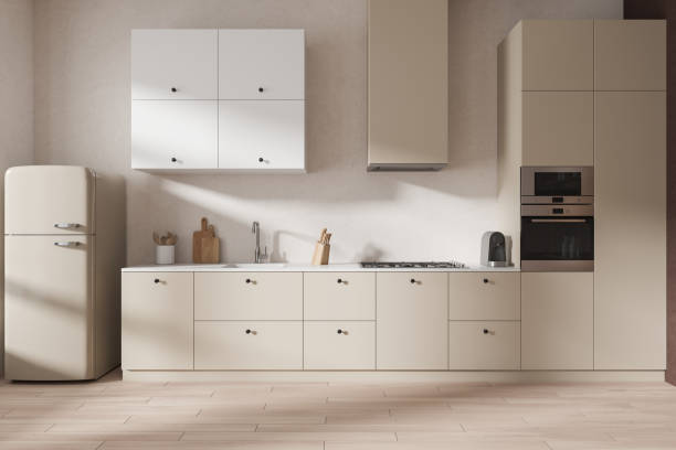 istock Classic home kitchen interior with washbasin and stove, refrigerator 2153790565
