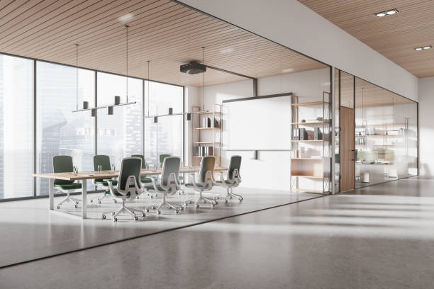 istock Glass meeting room interior with projection screen and panoramic window 2153790670