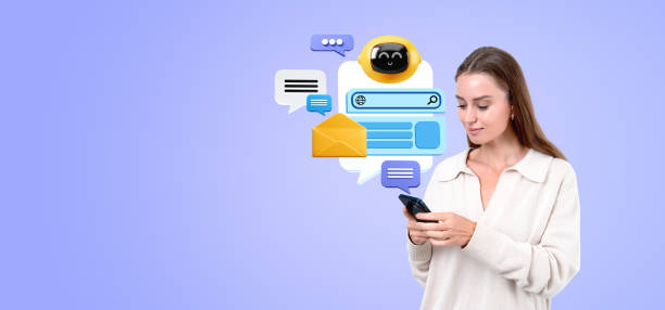istock Woman with phone, mock up chat bot speech bubble and communication 2153791605