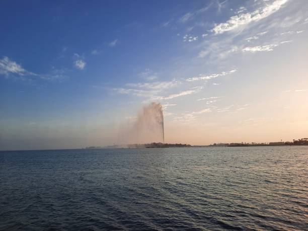 Industrial cooling fountains on the power plant. Belarus, Eastern Europe.
