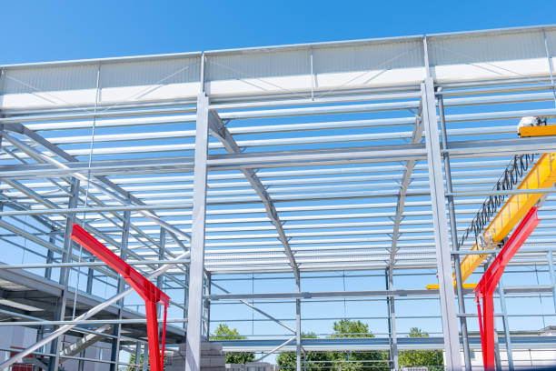 istock metallic structure of an industrial building under construction 2153808716