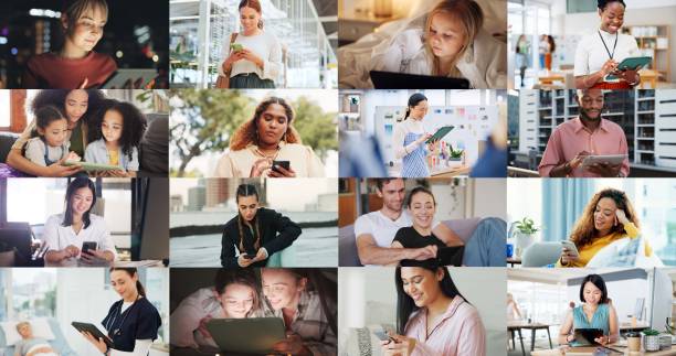 istock Collage, diversity and generations of people with technology for business, education or training. Internet, happy or smile with adults and children in office, home or hospital for communication 2153811090