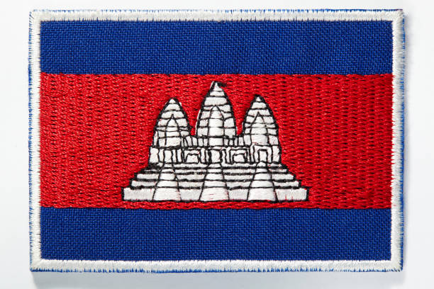 Cambodian national flag embroidered emblem with 2 blue lines at the top and bottom, and 1 red area in the middle containing a picture of the Angkor Wat temple