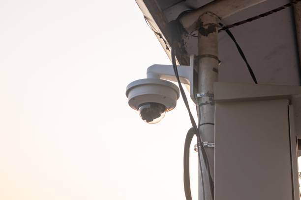 istock Security CCTV camera on the pedestrian bridge or public area. Closed-circuit television. 2153815350