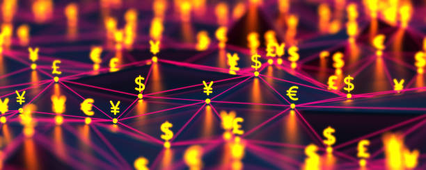 istock Futuristic digital nodes background with money signs. Blockchain connections technology and digital network. Dollar, euro, pound and yen signs glowing on the connection dots background. Security money concept. 2153815651