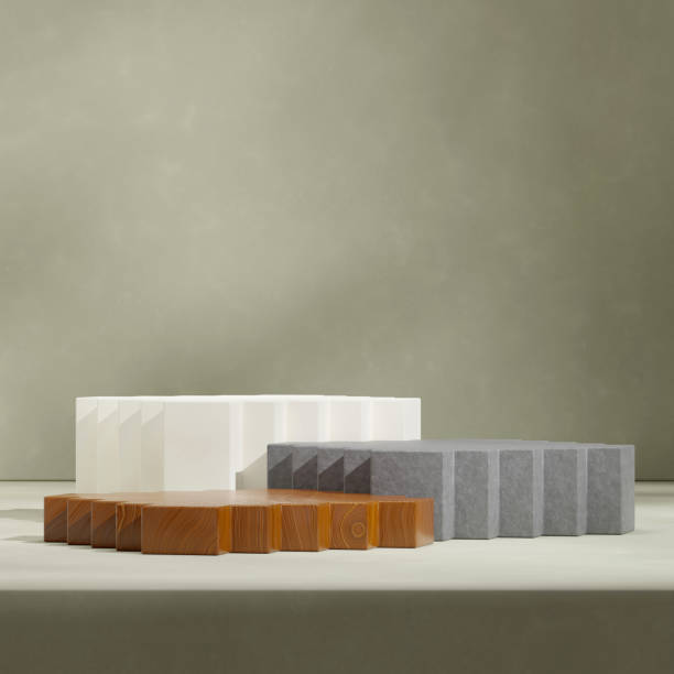 istock in square rough green material wall, 3d rendering scene mockup wood and concrete textured podium 2153819884