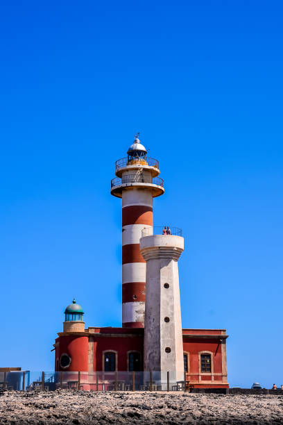 istock A lighthouse with a red and white striped tower stands tall against a blue sky 2153823124