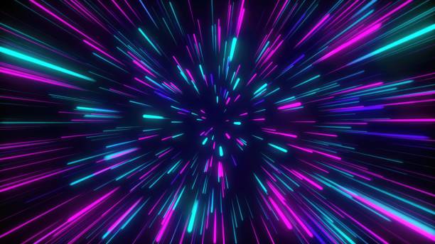 istock Glowing Abstract Background with Colorful Rays Neon lines zoom purple violet and blue 2153827084