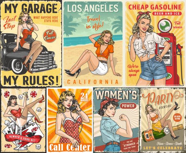 Pinup girls colorful set flyer Pinup girls colorful set flyers with ads from auto mechanic garage or travel agency and women power community vector illustration pin up girls and cars stock illustrations