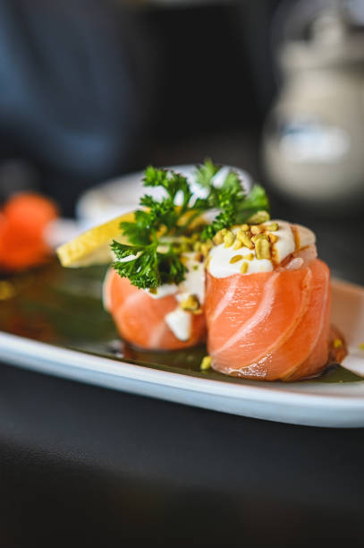 istock Close up delicious salmon rolls. 2153829283