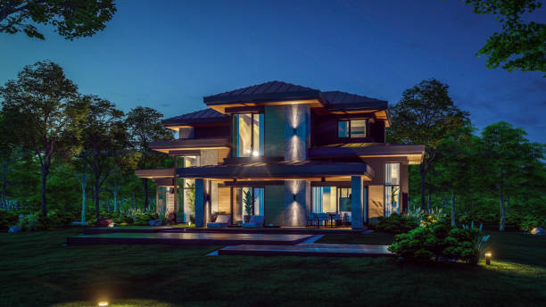 istock 3d rendering of modern house in luxurious style in night 2153831735