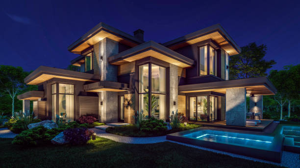 istock 3d rendering of modern house in luxurious style in night 2153831746