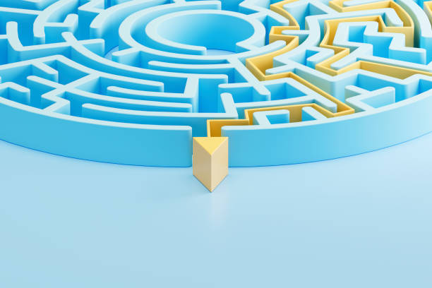 istock Labyrinth, maze with arrow pointing to exit on blue background 2153832614