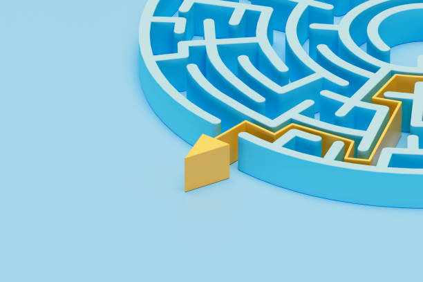 istock Labyrinth, maze with arrow pointing to exit on blue background 2153832630