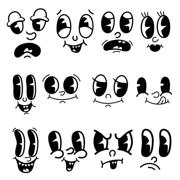 Set of cartoon faces, funny characters. Old style animation eyes, mouth. Cartoon eyes. Comic style faces. Vector illustration