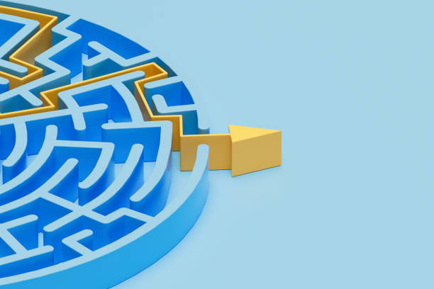 istock Labyrinth, maze with arrow pointing to exit on blue background 2153832741