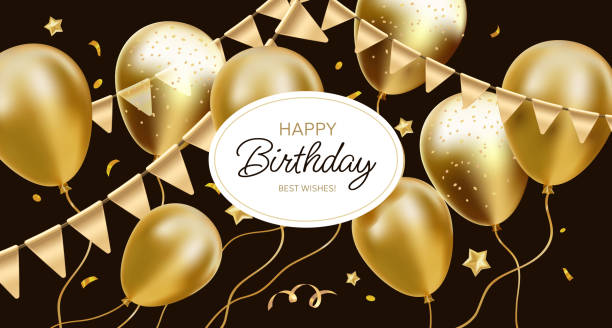 istock Vector happy birthday illustration with shine golden air helium balloon with text and flag on black background. 3d realistic holiday template design of flying balloon with star 2153839559