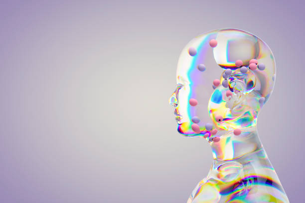 Artificial intelligence concept, geometric shapes in glass cyborg head. Digitally generated image. 3d render.