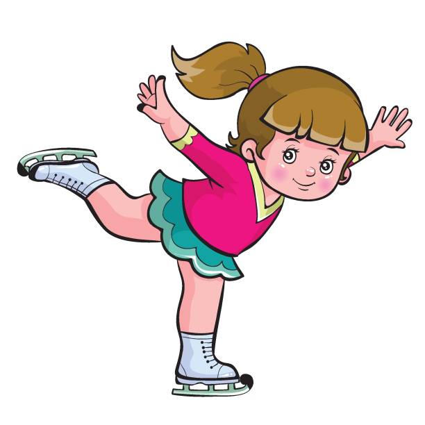 young figure skater in cartoon style. The figure skater is wearing ice skates, a pink top, a green skirt and has brown hair in a ponytail. The figure skater's arms are extended and one leg is raised back, indicating movement or figure skating