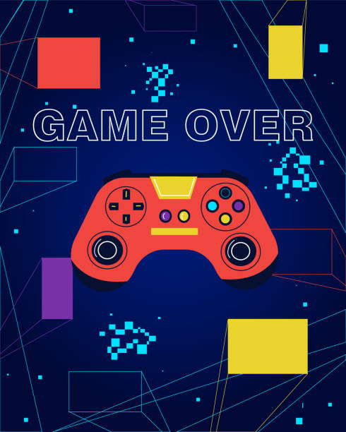 istock Game over poster. Modern t-shirt print, card or wall poster. Video games colorful controller. Joystick and abstract geometric elements. Arcade accessory vector cartoon flat isolated illustration 2153845798