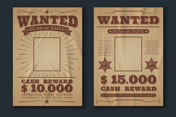 Crumpled wanted posters. Wild west vintage banner, empty space for photo, western style, America Texas robber hunt retro message criminal flyer, dead or alive. Background paper texture. Vector set