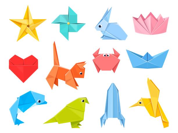 Colorful origami elements. Folded colored paper sheets, polygonal geometric shapes, japanese art and hobby, animals and objects, ship and bird, vector cartoon flat isolated set Colorful origami elements. Folded colored paper sheets, polygonal geometric shapes, japanese art and hobby, animals and objects, ship and bird, vector cartoon flat style isolated illustrations set cat origami stock illustrations
