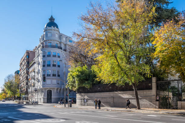 Madrid, Spain - November 26, 2017: Buildings and gardens in Almagro street in a sunny day