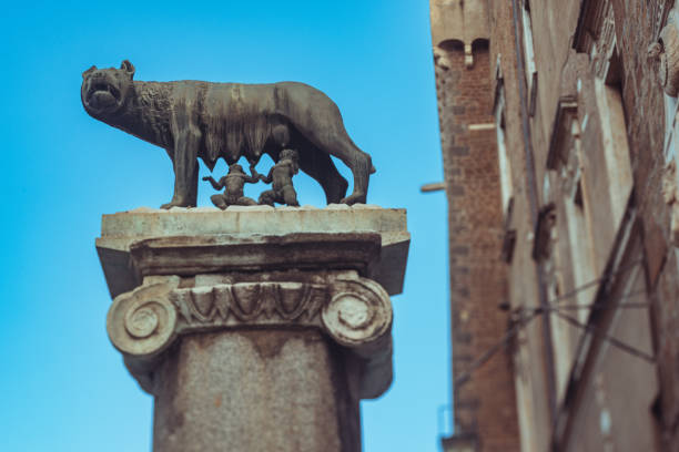 Capitoline Wolf statue at the foot of Aqueduct of Segovia, Spain.
