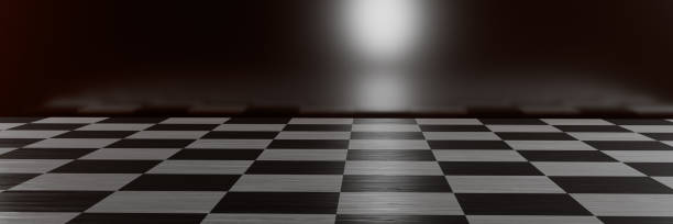istock Black and white checkered floor in a dimly lit room.3d rendering 2153857883